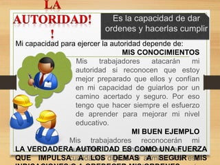 Es la capacidad de dar
ordenes y hacerlas cumplir
Mi capacidad para ejercer la autoridad depende de:
MIS CONOCIMIENTOS
Mis trabajadores atacarán mi
autoridad si reconocen que estoy
mejor preparado que ellos y confían
en mi capacidad de guiarlos por un
camino acertado y seguro. Por eso
tengo que hacer siempre el esfuerzo
de aprender para mejorar mi nivel
educativo.
MI BUEN EJEMPLO
Mis trabajadores reconocerán mi
autoridad si encuentran en mi
cualidades dignas de admirar. Por eso
LA VERDADERA AUTORIDAD ES COMO UNA FUERZA
QUE IMPULSA A LOS DEMAS A SEGUIR MIS
 