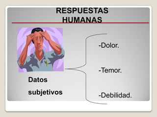 RESPUESTAS
HUMANAS
-Dolor.

-Temor.
Datos
subjetivos

-Debilidad.

 