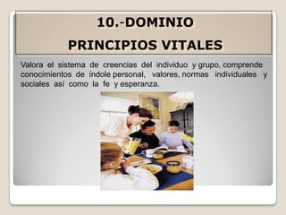 10.-DOMINIO
PRINCIPIOS VITALES
Valora el sistema de creencias del individuo y grupo, comprende
conocimientos de índole personal, valores, normas individuales y
sociales así como la fe y esperanza.

 