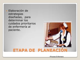 

Elaboración de
estrategias
diseñadas, para
determinar los
cuidados prioritarios
de enfermería al
paciente.

ETAPA DE PLANEACIÓN
•Proceso Enfermero

 