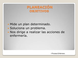 PLANEACIÓN
OBJETIVOS

Mide un plan determinado.
 Soluciona un problema.
 Nos dirige a realizar las acciones de
enfermería.


• Proceso Enfermero

 