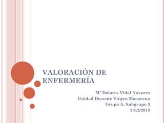 VALORACIÓN DE
ENFERMERÍA
              Mª Dolores Vidal Navarro
       Unidad Docente Virgen Macarena
                  Grupo A. Subgrupo 3
                             2012/2013
 