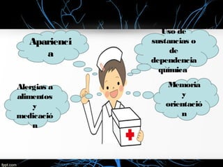 Aparienci
a
Uso de
sustancias o
de
dependencia
química
Memoria
y
orientació
n
Alergias a
alimentos
y
medicació
n
 