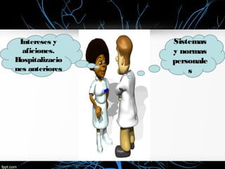 Sistemas
y normas
personale
s
Intereses y
aficiones.
Hospitalizacio
nes anteriores
 