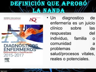 Definición que aprobó
la nanDa
• Un diagnostico de
enfermería es un juicio
clínico sobre las
respuestas del
individuo, familia o
comunidad a
problemas de
salud/procesos vitales,
reales o potenciales.
 