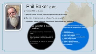 Phil Baker (1932)
 Nació en 1932 en Escocia.
 Filosofo, pintor, escultor, catedrático y enfermero de psiquiatría.
 Su visión de la enfermería se enfoca en "el arte de cuidar".
 Se interesó por las artes y las humanidades enfocándolas a la enfermería.
 