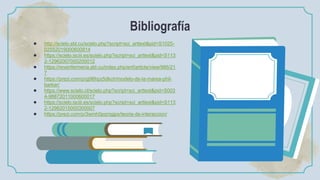 Bibliografía
● http://scielo.sld.cu/scielo.php?script=sci_arttext&pid=S1025-
02552019000600814
● https://scielo.isciii.es/scielo.php?script=sci_arttext&pid=S113
2-12962007000200012
● https://revenfermeria.sld.cu/index.php/enf/article/view/986/21
7
● https://prezi.com/p/gj96hpz5dkch/modelo-de-la-marea-phil-
barker/
● https://www.scielo.cl/scielo.php?script=sci_arttext&pid=S003
4-98872011000600017
● https://scielo.isciii.es/scielo.php?script=sci_arttext&pid=S113
2-12962015000300007
● https://prezi.com/p/3wmh0pqmgjpx/teoria-de-interaccion/
 