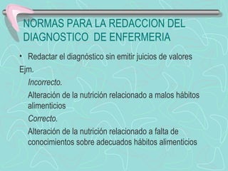 NORMAS PARA LA REDACCION DEL
DIAGNOSTICO DE ENFERMERIA
• Redactar el diagnóstico sin emitir juicios de valores
Ejm.
Incorrecto.
Alteración de la nutrición relacionado a malos hábitos
alimenticios
Correcto.
Alteración de la nutrición relacionado a falta de
conocimientos sobre adecuados hábitos alimenticios
 