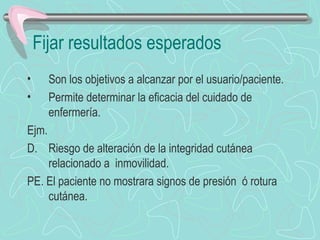 Fijar resultados esperados
• Son los objetivos a alcanzar por el usuario/paciente.
• Permite determinar la eficacia del cuidado de
enfermería.
Ejm.
D. Riesgo de alteración de la integridad cutánea
relacionado a inmovilidad.
PE. El paciente no mostrara signos de presión ó rotura
cutánea.
 