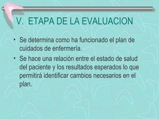 V. ETAPA DE LA EVALUACION
• Se determina como ha funcionado el plan de
cuidados de enfermería.
• Se hace una relación entre el estado de salud
del paciente y los resultados esperados lo que
permitirá identificar cambios necesarios en el
plan.
 