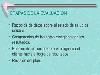 ETAPAS DE LA EVALUACION
• Recogida de datos sobre el estado de salud del
usuario.
• Comparación de los datos recogidos con los
resultados.
• Emisión de un juicio sobre el progreso del
cliente hacia el logro de resultados.
• Revisión del plan.
 