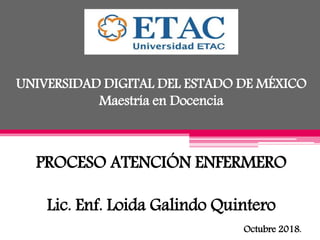 UNIVERSIDAD DIGITAL DEL ESTADO DE MÉXICO
Maestría en Docencia
PROCESO ATENCIÓN ENFERMERO
Lic. Enf. Loida Galindo Quintero
Octubre 2018.
 