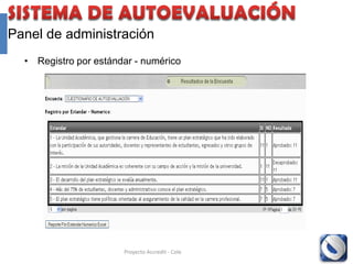 Panel de administración
  • Matriz de resultados
    con respuesta favorable




                       Proyecto Accredit - Cole   100
 
