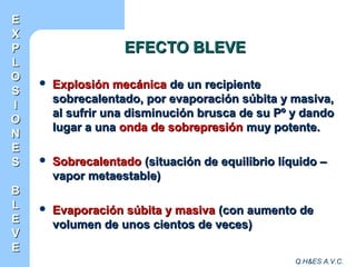 Q.H&ES A.V.C.
EFECTO BLEVEEFECTO BLEVE
 Explosión mecánicaExplosión mecánica de un recipientede un recipiente
sobrecalentado, por evaporación súbita y masiva,sobrecalentado, por evaporación súbita y masiva,
al sufrir una disminución brusca de su Pº y dandoal sufrir una disminución brusca de su Pº y dando
lugar a unalugar a una onda de sobrepresiónonda de sobrepresión muy potente.muy potente.
 SobrecalentadoSobrecalentado (situación de equilibrio líquido –(situación de equilibrio líquido –
vapor metaestable)vapor metaestable)
 Evaporación súbita y masivaEvaporación súbita y masiva (con aumento de(con aumento de
volumen de unos cientos de veces)volumen de unos cientos de veces)
EE
XX
PP
LL
OO
SS
II
OO
NN
EE
SS
BB
LL
EE
VV
EE
 