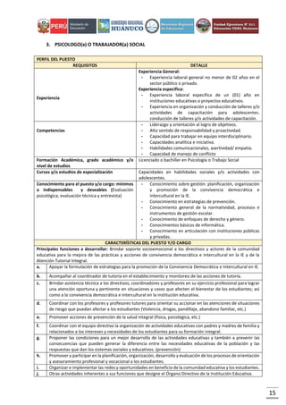 15
3. PSICOLOGO(a) O TRABAJADOR(a) SOCIAL
PERFIL DEL PUESTO
REQUISITOS DETALLE
Experiencia
Experiencia General:
- Experiencia laboral general no menor de 02 años en el
sector público o privado.
Experiencia especifica:
- Experiencia laboral especifica de un (01) año en
instituciones educativas o proyectos educativos.
- Experiencia en organización y conducción de talleres y/o
actividades de capacitación para adolescentes.
conducción de talleres y/o actividades de capacitación.
Competencias
- Liderazgo y orientación al logro de objetivos.
- Alto sentido de responsabilidad y proactividad.
- Capacidad para trabajar en equipo interdisciplinario.
- Capacidades analítica e iniciativa.
- Habilidades comunicacionales, asertividad/ empatía.
- Capacidad de manejo de conflicto
Formación Académica, grado académico y/o
nivel de estudios
Licenciado o bachiller en Psicología o Trabajo Social
Cursos y/o estudios de especialización Capacidades en habilidades sociales y/o actividades con
adolescentes.
Conocimiento para el puesto y/o cargo: mínimos
o indispensables y deseables (Evaluación
psicológica, evaluación técnica y entrevista)
- Conocimiento sobre gestión: planificación, organización
y promoción de la convivencia democrática e
intercultural en la IE.
- Conocimiento en estrategias de prevención.
- Conocimiento general de la normatividad, procesos e
instrumentos de gestión escolar.
- Conocimiento de enfoques de derecho y género.
- Conocimientos básicos de informática.
- Conocimiento en articulación con instituciones públicas
y privadas.
CARACTERÍSTICAS DEL PUESTO Y/O CARGO
Principales funciones a desarrollar: Brindar soporte socioemocional a los directivos y actores de la comunidad
educativa para la mejora de las prácticas y acciones de convivencia democrática e intercultural en la IE y de la
Atención Tutorial Integral.
a. Apoyar la formulación de estrategias para la promoción de la Convivencia Democrática e Intercultural en IE.
b. Acompañar al coordinador de tutoría en el establecimiento y monitoreo de las acciones de tutoría.
c. Brindar asistencia técnica a los directivos, coordinadores y profesores en su ejercicio profesional para lograr
una atención oportuna y pertinente en situaciones y casos que afecten el bienestar de los estudiantes; así
como a la convivencia democrática e intercultural en la institución educativa.
d. Coordinar con los profesores y profesores tutores para orientar su accionar en las atenciones de situaciones
de riesgo que puedan afectar a los estudiantes (Violencia, drogas, pandillaje, abandono familiar, etc.)
e. Promover acciones de prevención de la salud integral (física, psicológica, etc.)
f. Coordinar con el equipo directivo la organización de actividades educativas con padres y madres de familia y
relacionados a los intereses y necesidades de los estudiantes para su formación integral.
g. Proponer las condiciones para un mejor desarrollo de las actividades educativas y también a prevenir las
consecuencias que pueden generar la diferencia entre las necesidades educativas de la población y las
respuestas que dan los sistemas sociales y educativos. (prevención)
h. Promover y participar en la planificación, organización, desarrollo y evaluación de los procesos de orientación
y asesoramiento profesional y vocacional a los estudiantes.
i. Organizar e implementar las redes y oportunidades en beneficio de la comunidad educativa y los estudiantes.
j. Otras actividades inherentes a sus funciones que designe el Órgano Directivo de la Institución Educativa.
 