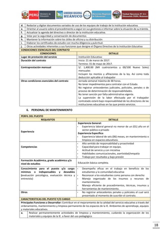 18
d. Redactar y digitar documentos variados de uso de los equipos de trabajo de la institución educativa.
e. Orientar al usuario sobre el procedimiento a seguir en sus gestiones e informar sobre la situación de su trámite.
f. Actualizar la agenda del directivo o director de la institución educativa.
g. Velar por la seguridad y conservación de documentos
h. Mantener la información sobre los útiles de oficina y su distribución
i. Elaborar los certificados de estudio con mucha diligencia y pulcritud.
j. Otras actividades inherentes a sus funciones que designe el Órgano Directivo de la Institución Educativa
CONDICIONES ESENCIALES DEL CONTRATO
CONDICIONES DETALLE
Lugar de prestación del servicio Institución Educativa:
Duración del contrato Inicio: 21 de marzo de 2017.
Termino: 31 de mayo de 2017.
Contraprestación mensual S/. 1,400.00 (Mil cuatrocientos y 00/100 Nuevo Soles)
mensuales
Incluyen los montos y afiliaciones de la ley. Así como toda
deducción aplicable al trabajador
Otras condiciones esenciales del contrato Jornada semanal máxima de 48 horas.
No tener impedimentos para contratar con el Estado.
No registrar antecedentes judiciales, policiales, penales o de
proceso de determinación de responsabilidades.
No tener sanción por falta administrativa vigente.
La supervisión de la labor efectuada por el trabajador
contratado estará bajo responsabilidad de los directores de las
instituciones educativas en las que preste servicios.
6. PERSONAL DE MANTENIMIENTO
PERFIL DEL PUESTO
REQUISITOS DETALLE
Experiencia
Experiencia General:
- Experiencia laboral general no menor de un (01) año en el
sector público o privado
Experiencia Especifica:
- Experiencia laboral de seis (06) meses, en mantenimiento o
limpieza en espacios educativos.
Competencias
- Alto sentido de responsabilidad y proactividad
- Capacidad para trabajar en equipo.
- Actitud de servicio y con iniciativa
- Habilidades comunicacionales, asertividad/empatía
- Trabajo por resultados y bajo presión
Formación Académica, grado académico y/o
nivel de estudios Educación básica completa.
Conocimiento para el puesto y/o cargo:
mínimos o indispensables y deseables
(evaluación psicológica, evaluación técnica y
entrevista)
- Desempeño eficaz en el trabajo en beneficio de los
estudiantes y la comunidad educativa
- Reconocer a los estudiantes como persona con derecho
- Manejo organizado de los insumos y recursos de
mantenimiento.
- Manejo eficiente de procedimientos, técnicas, insumos y
herramientas de mantenimiento.
Otros - No registrar antecedentes penales y policiales el cual será
presentado al momento de suscribir el contrato.
CARACTERISTICAS DEL PUESTO Y/O CARGO
Principales Funciones a Desarrollar: Contribuir en el mejoramiento de la calidad del servicio educativo a través del
ordenamiento, mantenimiento y limpieza permanente de los espacios de la IE. Ambientes de aprendizaje, equipos
y materiales educativos.
a. Realizar permanentemente actividades de limpieza y mantenimiento, cuidando la organización de los
materiales y equipos de la IE. a favor del uso pedagógico
 
