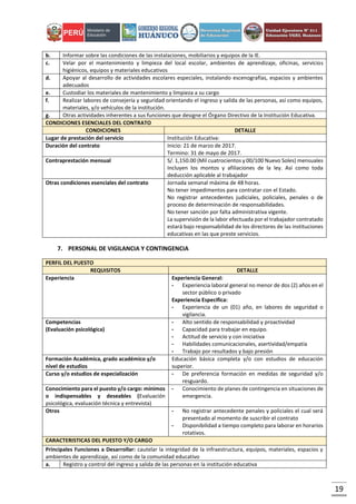 19
b. Informar sobre las condiciones de las instalaciones, mobiliarios y equipos de la IE.
c. Velar por el mantenimiento y limpieza del local escolar, ambientes de aprendizaje, oficinas, servicios
higiénicos, equipos y materiales educativos
d. Apoyar al desarrollo de actividades escolares especiales, instalando escenografías, espacios y ambientes
adecuados
e. Custodiar los materiales de mantenimiento y limpieza a su cargo
f. Realizar labores de consejería y seguridad orientando el ingreso y salida de las personas, así como equipos,
materiales, y/o vehículos de la institución.
g. Otras actividades inherentes a sus funciones que designe el Órgano Directivo de la Institución Educativa.
CONDICIONES ESENCIALES DEL CONTRATO
CONDICIONES DETALLE
Lugar de prestación del servicio Institución Educativa:
Duración del contrato Inicio: 21 de marzo de 2017.
Termino: 31 de mayo de 2017.
Contraprestación mensual S/. 1,150.00 (Mil cuatrocientos y 00/100 Nuevo Soles) mensuales
Incluyen los montos y afiliaciones de la ley. Así como toda
deducción aplicable al trabajador
Otras condiciones esenciales del contrato Jornada semanal máxima de 48 horas.
No tener impedimentos para contratar con el Estado.
No registrar antecedentes judiciales, policiales, penales o de
proceso de determinación de responsabilidades.
No tener sanción por falta administrativa vigente.
La supervisión de la labor efectuada por el trabajador contratado
estará bajo responsabilidad de los directores de las instituciones
educativas en las que preste servicios.
7. PERSONAL DE VIGILANCIA Y CONTINGENCIA
PERFIL DEL PUESTO
REQUISITOS DETALLE
Experiencia Experiencia General:
- Experiencia laboral general no menor de dos (2) años en el
sector público o privado
Experiencia Especifica:
- Experiencia de un (01) año, en labores de seguridad o
vigilancia.
Competencias
(Evaluación psicológica)
- Alto sentido de responsabilidad y proactividad
- Capacidad para trabajar en equipo.
- Actitud de servicio y con iniciativa
- Habilidades comunicacionales, asertividad/empatía
- Trabajo por resultados y bajo presión
Formación Académica, grado académico y/o
nivel de estudios
Educación básica completa y/o con estudios de educación
superior.
Curso y/o estudios de especialización - De preferencia formación en medidas de seguridad y/o
resguardo.
Conocimiento para el puesto y/o cargo: mínimos
o indispensables y deseables (Evaluación
psicológica, evaluación técnica y entrevista)
- Conocimiento de planes de contingencia en situaciones de
emergencia.
Otros - No registrar antecedente penales y policiales el cual será
presentado al momento de suscribir el contrato
- Disponibilidad a tiempo completo para laborar en horarios
rotativos.
CARACTERISTICAS DEL PUESTO Y/O CARGO
Principales Funciones a Desarrollar: cautelar la integridad de la infraestructura, equipos, materiales, espacios y
ambientes de aprendizaje, así como de la comunidad educativo
a. Registro y control del ingreso y salida de las personas en la institución educativa
 