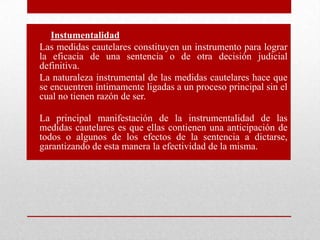 • Instumentalidad
• Las medidas cautelares constituyen un instrumento para lograr
la eficacia de una sentencia o de otra decisión judicial
definitiva.
• La naturaleza instrumental de las medidas cautelares hace que
se encuentren íntimamente ligadas a un proceso principal sin el
cual no tienen razón de ser.
• La principal manifestación de la instrumentalidad de las
medidas cautelares es que ellas contienen una anticipación de
todos o algunos de los efectos de la sentencia a dictarse,
garantizando de esta manera la efectividad de la misma.
 