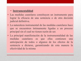 • Instrumentalidad
• Las medidas cautelares constituyen un instrumento para
lograr la eficacia de una sentencia o de otra decisión
judicial definitiva.
• La naturaleza instrumental de las medidas cautelares hace
que se encuentren íntimamente ligadas a un proceso
principal sin el cual no tienen razón de ser.
• La principal manifestación de la instrumentalidad de las
medidas cautelares es que ellas contienen una
anticipación de todos o algunos de los efectos de la
sentencia a dictarse, garantizando de esta manera la
efectividad de la misma
 