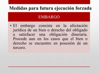 EMBARGO
• El embargo consiste en la afectación
jurídica de un bien o derecho del obligado
a satisfacer una obligación dineraria.
Procede aun en los casos que el bien o
derecho se encuentre en posesión de un
tercero.
Medidas para futura ejecución forzada
 