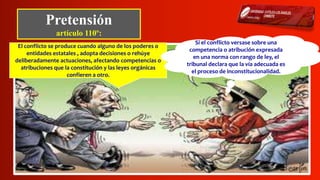 Pretensión
artículo 110º:
El conflicto se produce cuando alguno de los poderes o
entidades estatales , adopta decisiones o rehúye
deliberadamente actuaciones, afectando competencias o
atribuciones que la constitución y las leyes orgánicas
confieren a otro.
Si el conflicto versase sobre una
competencia o atribución expresada
en una norma con rango de ley, el
tribunal declara que la vía adecuada es
el proceso de inconstitucionalidad.
 