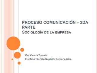 PROCESO COMUNICACIÓN – 2DA
PARTE
SOCIOLOGÍA DE LA EMPRESA
Cra Valeria Toniolo
Instituto Técnico Superior de Concordia
 