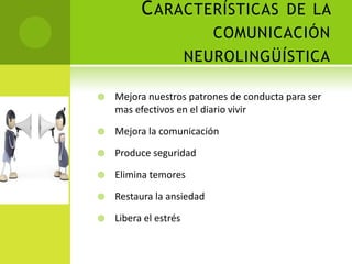 C ARACTERÍSTICAS DE LA
                          COMUNICACIÓN
                       NEUROLINGÜÍSTICA

   Mejora nuestros patrones de conducta para ser
    mas efectivos en el diario vivir

   Mejora la comunicación

   Produce seguridad

   Elimina temores

   Restaura la ansiedad

   Libera el estrés
 