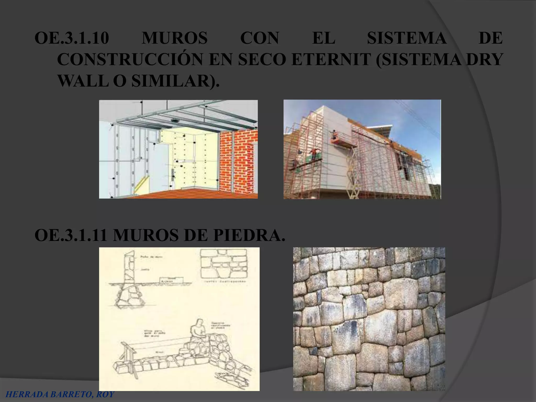 OE.3.1.10 MUROS    CON   EL   SISTEMA    DE
       CONSTRUCCIÓN EN SECO ETERNIT (SISTEMA DRY
       WALL O SIMILAR).




     OE.3.1.11 MUROS DE PIEDRA.




HERRADA BARRETO, ROY
 