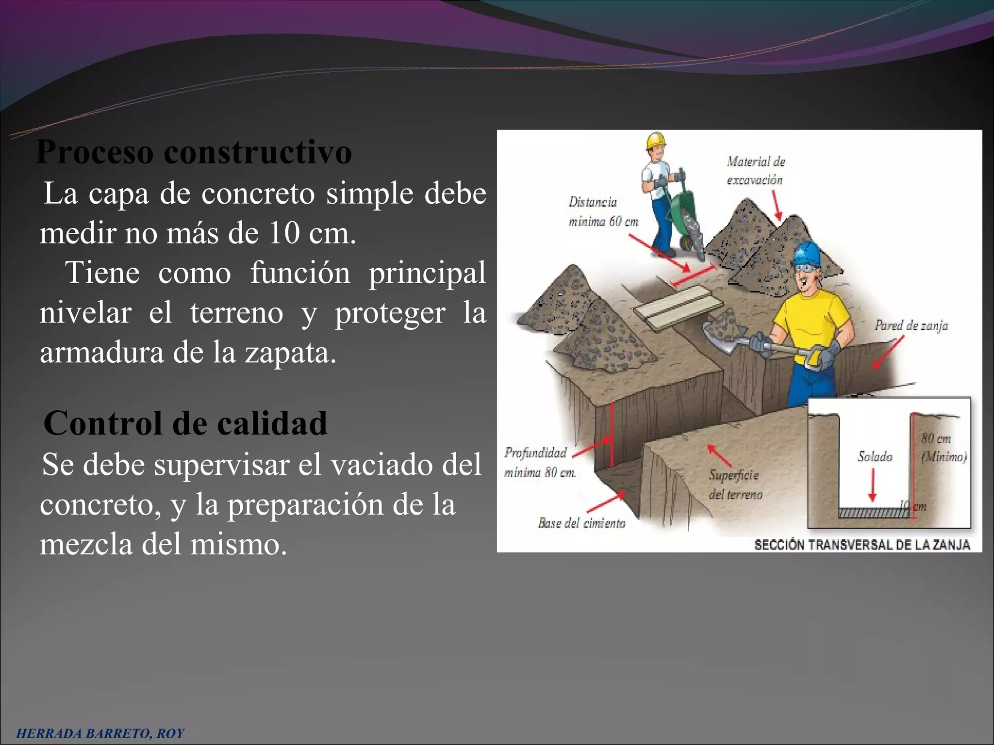 Proceso constructivo
  La capa de concreto simple debe
  medir no más de 10 cm.
    Tiene como función principal
  nivelar el terreno y proteger la
  armadura de la zapata.

   Control de calidad
  Se debe supervisar el vaciado del
  concreto, y la preparación de la
  mezcla del mismo.




HERRADA BARRETO, ROY
 
