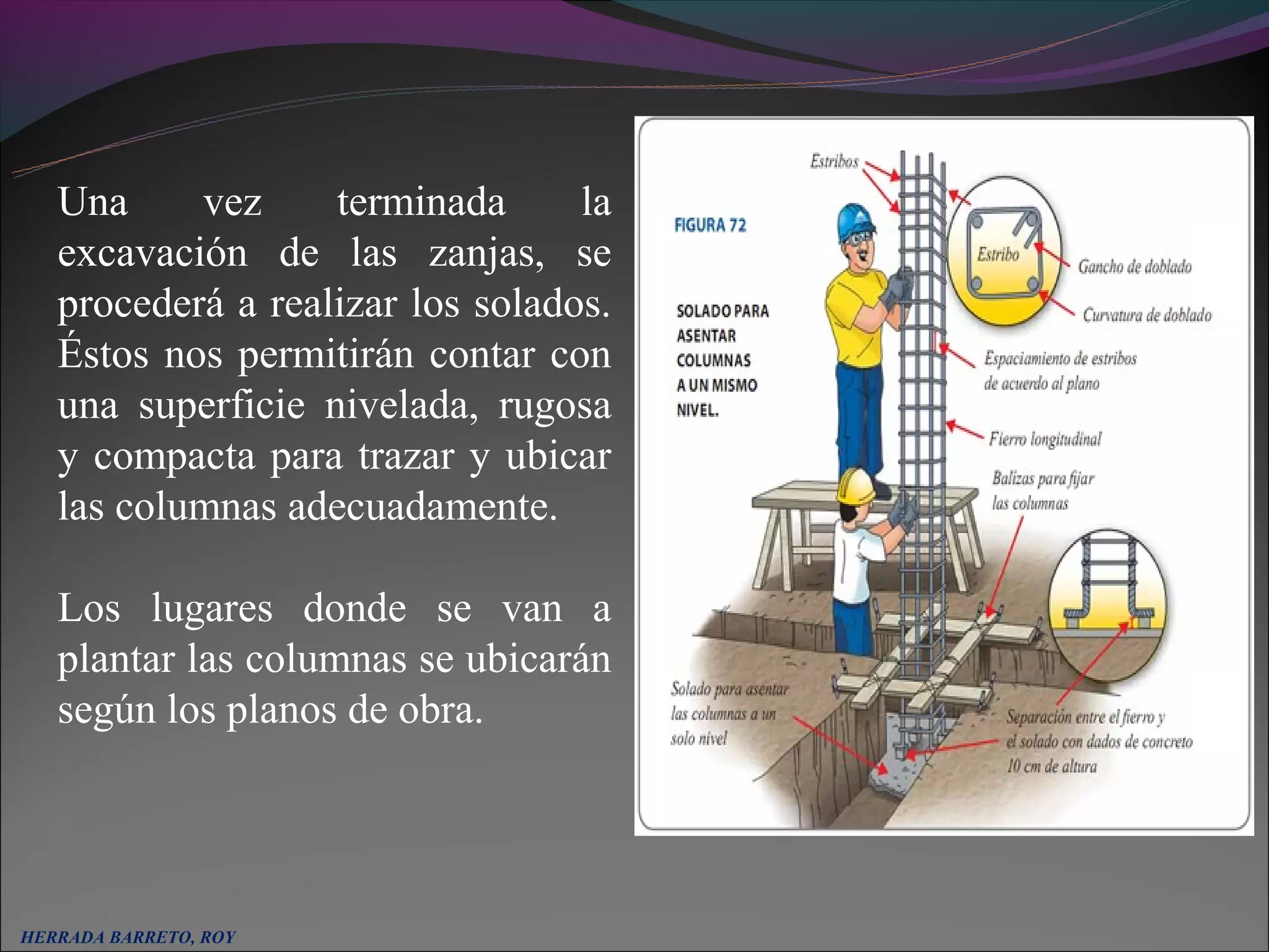 Una     vez     terminada      la
   excavación de las zanjas, se
   procederá a realizar los solados.
   Éstos nos permitirán contar con
   una superficie nivelada, rugosa
   y compacta para trazar y ubicar
   las columnas adecuadamente.

   Los lugares donde se van a
   plantar las columnas se ubicarán
   según los planos de obra.




HERRADA BARRETO, ROY
 