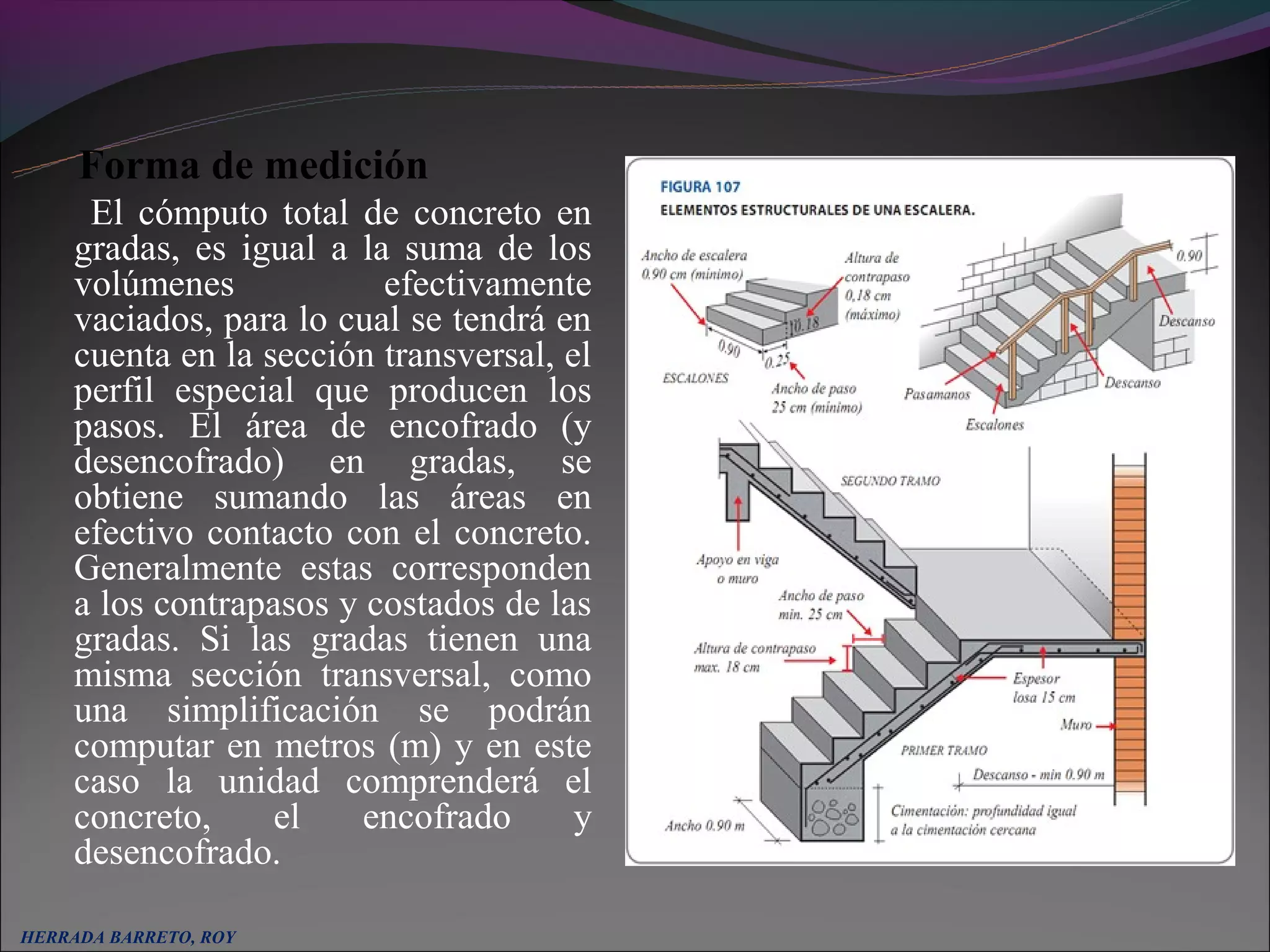 Forma de medición
     El cómputo total de concreto en
    gradas, es igual a la suma de los
    volúmenes            efectivamente
    vaciados, para lo cual se tendrá en
    cuenta en la sección transversal, el
    perfil especial que producen los
    pasos. El área de encofrado (y
    desencofrado) en gradas, se
    obtiene sumando las áreas en
    efectivo contacto con el concreto.
    Generalmente estas corresponden
    a los contrapasos y costados de las
    gradas. Si las gradas tienen una
    misma sección transversal, como
    una simplificación se podrán
    computar en metros (m) y en este
    caso la unidad comprenderá el
    concreto,     el    encofrado      y
    desencofrado.

HERRADA BARRETO, ROY
 