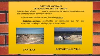 CANTERA DEPÓSITOALUVIAL
FUENTES DE MATERIALES
GRANULARES PARA BASES Y SUBBASES
Los materiales pétreos para la construcción de pavimentos provienen de
dos fuentes típicas de aprovisionamiento:
—Formaciones masivas de roca, llamadas canteras
—Depósitos aluviales, constituidos por sedimentos que han sido
arrastrados por el agua a lo largo del curso de los ríos
 