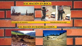 EXCAVACIÓN EN ROCA
Perforación de barrenos Introducción de la carga
EXCAVACIÓN EN MATERIAL COMÚN
 