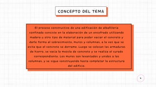 4
CONCEPTO DEL TEMA
El proceso constructivo de una edificación de albañilería
confinada consiste en la elaboración de un encofrado utilizando
madera u otro tipo de material para poder vaciar el concreto y
darle forma al sobrecimiento, muros y columnas, a la vez que se
evita que el concreto se derrame. Luego se colocan las armaduras
de hierro, se vacía la mezcla de concreto y se realiza el curado
correspondiente. Los muros son levantados y unidos a las
columnas, y se sigue construyendo hasta completar la estructura
del edificio.
 