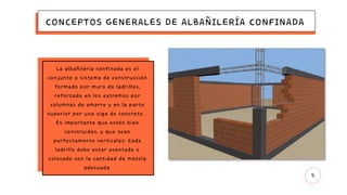 5
CONCEPTOS GENERALES DE ALBAÑILERÍA CONFINADA
La albañilería confinada es el
conjunto o sistema de construcción
formado por muro de ladrillos,
reforzado en los extremos por
columnas de amarre y en la parte
superior por una viga de concreto. .
Es importante que estén bien
construidos, y que sean
perfectamente verticales. Cada
ladrillo debe estar asentado o
colocado con la cantidad de mezcla
adecuada.
 