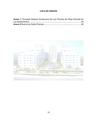 12
LISTA DE ANEXOS
Anexo 1: Encuesta Sistema Constructivo De Las Piscinas De Playa Dormida En
Los Apartamentos ................................................................................................. 59
Anexo 2:Nueva Ley Sobre Piscinas ..................................................................... 60
 