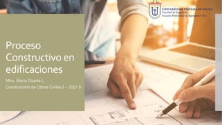 Proceso
Constructivo en
edificaciones
Mtro. María Duarte L.
Construcción de Obras Civiles I – 2021 II
Facultad de Ingeniería
Escuela Profesional de Ingeniería Civil
 