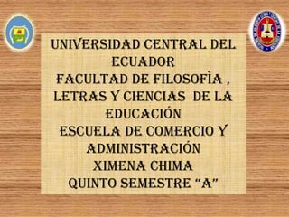 UNIVERSIDAD CENTRAL DEL
        ECUADOR
 FACULTAD DE FILOSOFìA ,
LETRAS Y CIENCIAS DE LA
       EDUCACIÓN
 ESCUELA DE COMERCIO Y
    ADMINISTRACIÓN
     XIMENA CHIMA
  QUINTO SEMESTRE “A”
 