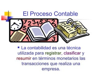 El Proceso Contable




  La contabilidad es una técnica
 utilizada para registrar, clasificar y
resumir en términos monetarios las
   transacciones que realiza una
              empresa.
 