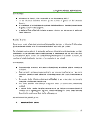 33
Manejo del Proceso Administrativo
Características
representan las transacciones comerciales de una entidad en un periodo.•	
son de naturaleza acreedora, mientras que las cuentas de gastos son de naturaleza•	
deudora.
se incrementan en el transcurso de un periodo contable abonando, mientras que las cuentas•	
de gastos se incrementan cargando.
se saldan al final del periodo contable cargando, mientras que las cuentas de gastos se•	
saldan abonando.
Cuentas de orden
Como hemos venido señalando el propósito de la contabilidad financiera es el tener un fin informativo
y que deriva de la relación de la contabilidad con el medio económico que lo rodea.
Por lo tanto se requieren además de las cuentas que hemos visto anteriormente, cuentas que permitan
revelar cierto tipo de eventos económicos y su revelación se presenta en lo que son conocidas como
cuentas de orden, dichas cuentas aún cuando forman parte integrante de los estados financieros, no
modifican el estado de situación financiera ni los resultados de una entidad.
Características
Su presentación es adjunta a los estados financieros o a través de notas a los estados•	
financieros.
Su presentación revela eventos extraordinarios y a veces ajenos a la empresa y que como•	
señalamos pueden suceder, pueden ser probables y pueden crear obligaciones o derechos
o no.
Se manejan dentro del sistema de una contabilidad por lo que en su registro es necesario•	
observar el principio de la partida doble.
Toda cuenta de orden para conservar su equilibrio tendrá una contracuenta por la misma•	
cantidad.
El nombre de las cuentas de orden debe ser aquel que designe con mayor claridad el•	
concepto que se registra y por lo regular la contracuenta o segunda cuenta tendrá la misma
denominación pero insertando al final la palabra contra.
Se clasifican en tres grandes grupos:
Valores y bienes ajenos1.	
 