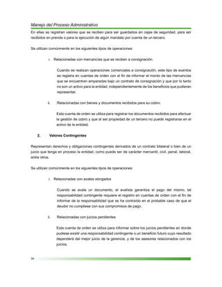34
Manejo del Proceso Administrativo
En ellas se registran valores que se reciben para ser guardados en cajas de seguridad, para ser
recibidos en prenda o para la ejecución de algún mandato por cuenta de un tercero.
Se utilizan comúnmente en los siguientes tipos de operaciones:
Relacionadas con mercancías que se reciben a consignación.i.	
Cuando se realizan operaciones comerciales a consignación, este tipo de eventos
se registra en cuentas de orden con el fin de informar el monto de las mercancías
que se encuentran amparadas bajo un contrato de consignación y que por lo tanto
no son un activo para la entidad, independientemente de los beneficios que pudieran
representar.
Relacionadas con bienes y documentos recibidos para su cobro.ii.	
Esta cuenta de orden se utiliza para registrar los documentos recibidos para efectuar
la gestión de cobro y que al ser propiedad de un tercero no puede registrarse en el
activo de la entidad.
Valores Contingentes2.	
Representan derechos y obligaciones contingentes derivados de un contrato bilateral o bien de un
juicio que tenga en proceso la entidad, como puede ser de carácter mercantil, civil, penal, laboral,
entre otros.
Se utilizan comúnmente en los siguientes tipos de operaciones:
Relacionadas con avales otorgadosi.	
Cuando se avala un documento, el avalista garantiza el pago del mismo, tal
responsabilidad contingente requiere el registro en cuentas de orden con el fin de
informar de la responsabilidad que se ha contraído en el probable caso de que el
deudor no cumpliese con sus compromisos de pago.
Relacionadas con juicios pendientesii.	
Esta cuenta de orden se utiliza para informar sobre los juicios pendientes en donde
pudiese existir una responsabilidad contingente o un beneficio futuro cuyo resultado
dependerá del mejor juicio de la gerencia, y de los asesores relacionados con los
juicios.
 