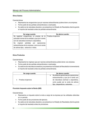 58
Manejo del Proceso Administrativo
Otros Gastos
Características
Representa las erogaciones que por razones extraordinarias pudiera tener una empresa.•	
Forma parte de las partidas extraordinarias o eventuales.•	
Su saldo es de naturaleza deudora y se presenta en el Estado de Resultados disminuyendo•	
el importe del resultado antes de partidas extraordinarias.
Se carga cuando: Se abona cuando:
Se registran erogaciones no propias de la
actividad normal de la entidad y que por lo tanto
son de naturaleza eventual o esporádica.
Se originan pérdidas por operaciones
extraordinarias de la empresa, como es la venta
de activos fijos, extravíos o robos.
Finaliza el ejercicio
Otros Productos
Características
Representa los ingresos que por razones extraordinarias pudiera tener una empresa.•	
Forma parte de las partidas extraordinarias o eventuales.•	
Su saldo es de naturaleza acreedora y se presenta en el Estado de Resultados incrementando•	
el importe del resultado antes de partidas extraordinarias.
Se carga cuando: Se abona cuando:
Finaliza el ejercicio•	
Seobtienengananciasporoperaciones•	
extraordinarias y que por lo tanto son
de naturaleza eventual o esporádica,
como puede ser la venta de activos
fijos, desperdicios, sobrantes.
Provisión Impuesto sobre la Renta (ISR)
Características
Representa un impuesto sobre la renta a cargo de la empresa por las utilidades obtenidas•	
en un periodo.
Forma parte de las provisiones del ejercicio.•	
Su saldo es de naturaleza deudora y se presenta en el Estado de Resultados disminuyendo•	
el importe del resultado antes de provisiones.
 