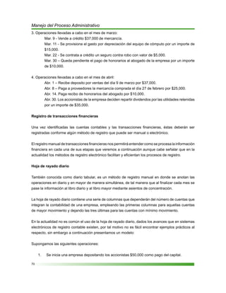 70
Manejo del Proceso Administrativo
3. Operaciones llevadas a cabo en el mes de marzo:
Mar. 9 - Vende a crédito $37,000 de mercancía.
Mar. 11 - Se provisiona el gasto por depreciación del equipo de cómputo por un importe de
$15,000.
Mar. 22 - Se contrata a crédito un seguro contra robo con valor de $5,000.
Mar. 30 – Queda pendiente el pago de honorarios al abogado de la empresa por un importe
de $10,000.
4. Operaciones llevadas a cabo en el mes de abril:
Abr. 1 – Recibe deposito por ventas del día 9 de marzo por $37,000.
Abr. 8 – Paga a proveedores la mercancía comprada el día 27 de febrero por $25,000.
Abr. 14. Paga recibo de honorarios del abogado por $10,000.
Abr. 30. Los accionistas de la empresa deciden repartir dividendos por las utilidades retenidas
por un importe de $35,000.
Registro de transacciones financieras
Una vez identificadas las cuentas contables y las transacciones financieras, éstas deberán ser
registradas conforme algún método de registro que puede ser manual o electrónico.
El registro manual de transacciones financieras nos permitirá entender como se procesa la información
financiera en cada una de sus etapas que veremos a continuación aunque cabe señalar que en la
actualidad los métodos de registro electrónico facilitan y eficientan los procesos de registro.
Hoja de rayado diario
También conocida como diario tabular, es un método de registro manual en donde se anotan las
operaciones en diario y en mayor de manera simultánea, de tal manera que al finalizar cada mes se
pase la información al libro diario y al libro mayor mediante asientos de concentración.
La hoja de rayado diario contiene una serie de columnas que dependerán del número de cuentas que
integran la contabilidad de una empresa, empleando las primeras columnas para aquellas cuentas
de mayor movimiento y dejando las tres últimas para las cuentas con mínimo movimiento.
En la actualidad no es común el uso de la hoja de rayado diario, dados los avances que en sistemas
electrónicos de registro contable existen, por tal motivo no es fácil encontrar ejemplos prácticos al
respecto, sin embargo a continuación presentamos un modelo:
Supongamos las siguientes operaciones:
Se inicia una empresa depositando los accionistas $50,000 como pago del capital.1.	
 