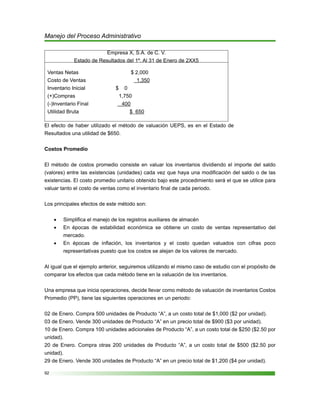 92
Manejo del Proceso Administrativo
Empresa X, S.A. de C. V.
Estado de Resultados del 1º. Al 31 de Enero de 2XX5
Ventas Netas $ 2,000
Costo de Ventas 1,350
Inventario Inicial $ 0
(+)Compras 1,750
(-)Inventario Final 400
Utilidad Bruta $ 650
El efecto de haber utilizado el método de valuación UEPS, es en el Estado de
Resultados una utilidad de $650.
Costos Promedio
El método de costos promedio consiste en valuar los inventarios dividiendo el importe del saldo
(valores) entre las existencias (unidades) cada vez que haya una modificación del saldo o de las
existencias. El costo promedio unitario obtenido bajo este procedimiento será el que se utilice para
valuar tanto el costo de ventas como el inventario final de cada periodo.
Los principales efectos de este método son:
Simplifica el manejo de los registros auxiliares de almacén•	
En épocas de estabilidad económica se obtiene un costo de ventas representativo del•	
mercado.
En épocas de inflación, los inventarios y el costo quedan valuados con cifras poco•	
representativas puesto que los costos se alejan de los valores de mercado.
Al igual que el ejemplo anterior, seguiremos utilizando el mismo caso de estudio con el propósito de
comparar los efectos que cada método tiene en la valuación de los inventarios.
Una empresa que inicia operaciones, decide llevar como método de valuación de inventarios Costos
Promedio (PP), tiene las siguientes operaciones en un periodo:
02 de Enero. Compra 500 unidades de Producto “A”, a un costo total de $1,000 ($2 por unidad).
03 de Enero. Vende 300 unidades de Producto “A” en un precio total de $900 ($3 por unidad).
10 de Enero. Compra 100 unidades adicionales de Producto “A”, a un costo total de $250 ($2.50 por
unidad).
20 de Enero. Compra otras 200 unidades de Producto “A”, a un costo total de $500 ($2.50 por
unidad).
29 de Enero. Vende 300 unidades de Producto “A” en un precio total de $1,200 ($4 por unidad).
 