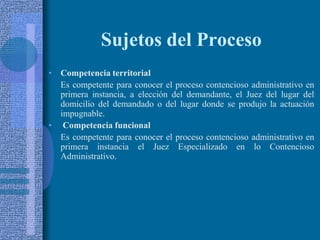 Sujetos del Proceso<br />Competencia territorial<br />	Es competente para conocer el proceso contencioso administrativo en...