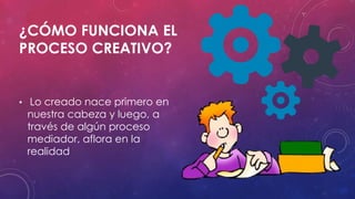 ¿CÓMO FUNCIONA EL
PROCESO CREATIVO?
• Lo creado nace primero en
nuestra cabeza y luego, a
través de algún proceso
mediador, aflora en la
realidad
 