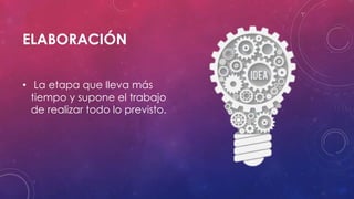 ELABORACIÓN
• La etapa que lleva más
tiempo y supone el trabajo
de realizar todo lo previsto.
 