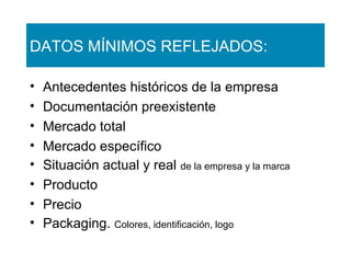 DATOS MÍNIMOS REFLEJADOS:
•
•
•
•
•
•
•
•

Antecedentes históricos de la empresa
Documentación preexistente
Mercado total
Mercado específico
Situación actual y real de la empresa y la marca
Producto
Precio
Packaging. Colores, identificación, logo

 