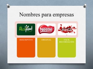 Nombres para empresas
DESCRIPTIVO ORIGINAL FÁCIL
RECORDACIÓN
 
