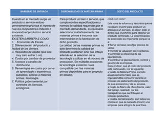 BARRERAS DE ENTRADA             DISPONIBILIDAD DE MATERIA PRIMA                 COSTO DEL PRODUCTO

Cuando en el mercado surge un        Para producir un bien o servicio, que    ¿Qué es el costo?
producto o servicio exitoso          cumpla con las especificaciones y        Es la suma de esfuerzos y recursos que es
generalmente provoca el ingreso de   normas de calidad requeridas por el      necesario invertir para producir un
nuevos competidores imitando o       mercado demandante, es necesario         artículo o un servicio, es decir, todo el
innovando el producto o servicio     seleccionar cuidadosamente las           dinero que invertimos para obtener un
existente.                           materias primas e insumos que            producto terminado. La determinación
EXISTEN BARRERAS COMO:               intervendrán en la fabricación de        de este costo es importante porque va
1. Economías de Escala.              dicho producto.                          a:
2. Diferenciación del producto y     La calidad de las materias primas no     Servir de base para fijar precios de
lealtad de los clientes.             solo determina la calidad del            venta.
3. Requisitos de capital (que sea    producto a obtener, sino que influye     Permitir la valuación de inventarios.
                                                                              Controlar la eficiencia de las
    muy caro entrar o no).           además en la selección de la
                                                                              operaciones.
4. Costos por cambiar de proveedor   tecnología a utilizar en el proceso de
                                                                              Contribuir al planeamiento, control y
5. Accesos a canales de              producción. En múltiples ocasiones       gestión de la empresa.
    distribución.                    la tecnología existente no es            Cabe indicar, que el costo del producto
6. Desventajas en costos por curva   compatible con las materias              está compuesto, por lo siguiente:
    de aprendizaje y experiencia,    primas disponibles para el proyecto      Costo de Materia Prima, es todo
    subsidios, acceso a materias     en estudio.                              aquel elemento físico que es
    primas. tecnología.                                                       imprescindible consumir durante el
7. Política gubernamental por                                                 proceso de elaboración del producto,
    controles de licencias,                                                   de sus accesorios y de su envase.
    ecológicos.                                                               Costo de Mano de obra directa, valor
                                                                              del trabajo realizado por los
                                                                              trabajadores que contribuyen al
                                                                              proceso productivo.
                                                                              Costos de fabricación, son todos los
                                                                              costos en que se necesita incurrir una
                                                                              empresa para el logro de sus fines.
 